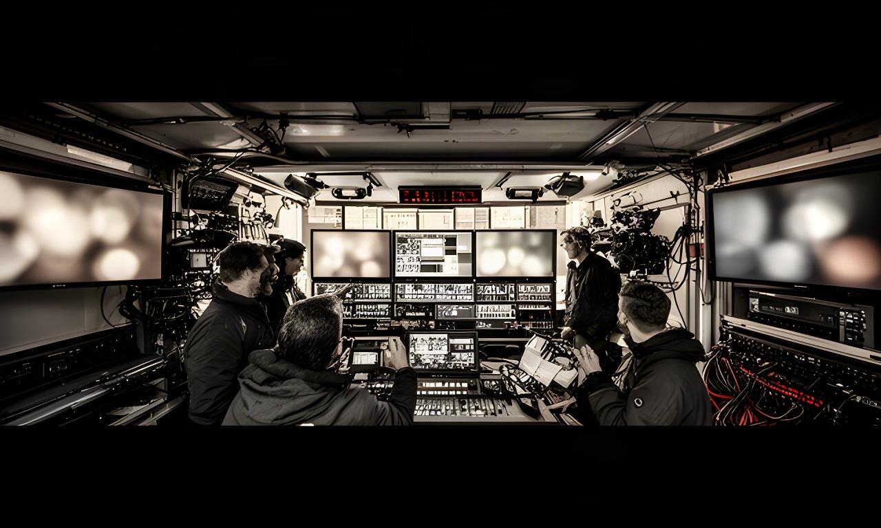 Regiewagen met monitoren en technici tijdens een televisie-uitzending in Rotterdam